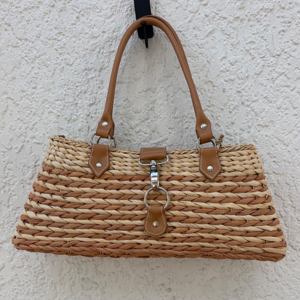 Sun N Sand Woven Straw Shoulder Bag Two Tone Tan Brown Summer Beach Tote NWT